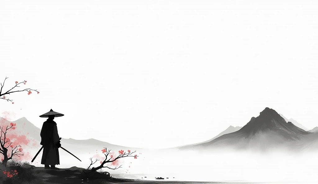 Lots of white space ，White background, simple, Minimalism, Abstract,Hand Painted，Aesthetic，black and white，Ink Painting，，a mountain，There are plum blossoms，Swordsman wearing a bamboo hat，一幅Abstract的艺术插图, author：Xu Shuai, Arte no estilo de Gu Weiss, Shin Ji...