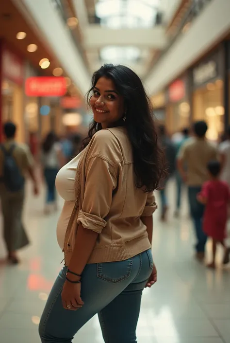 a very short and thick voluptuous smiling Indian woman with huge saggy breasts wearing trendy kurti with a jacket and denims walking through a shopping mall looking back, dreamlike atmosphere, soft cinematic focus, anamorphic lens flares, masterpiece, by t...