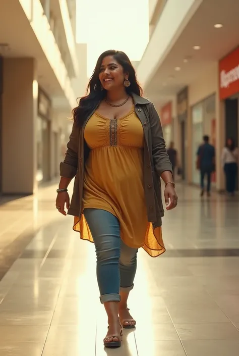 a very short and thick voluptuous smiling Indian woman with huge saggy breasts wearing trendy kurti with a jacket and denims walking through an empty shopping mall looking back, dreamlike atmosphere, soft cinematic focus, anamorphic lens flares, masterpiec...