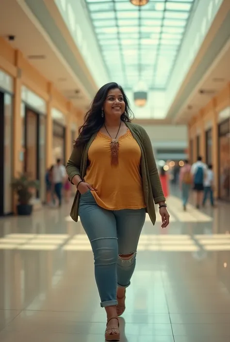 a very short and thick voluptuous smiling Indian woman with huge saggy breasts wearing trendy kurti with a jacket and denims walking through an empty shopping mall looking back, dreamlike atmosphere, soft cinematic focus, anamorphic lens flares, masterpiec...