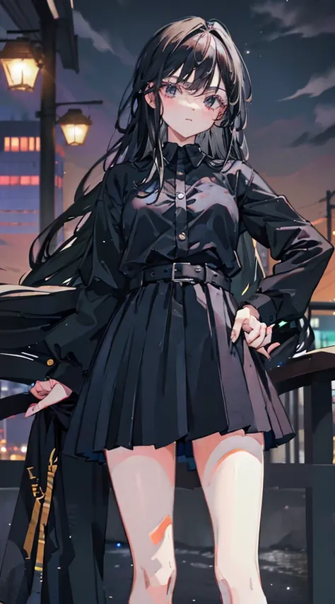 a girl wearing black clothes , night time , long  black hair , ready to fight 