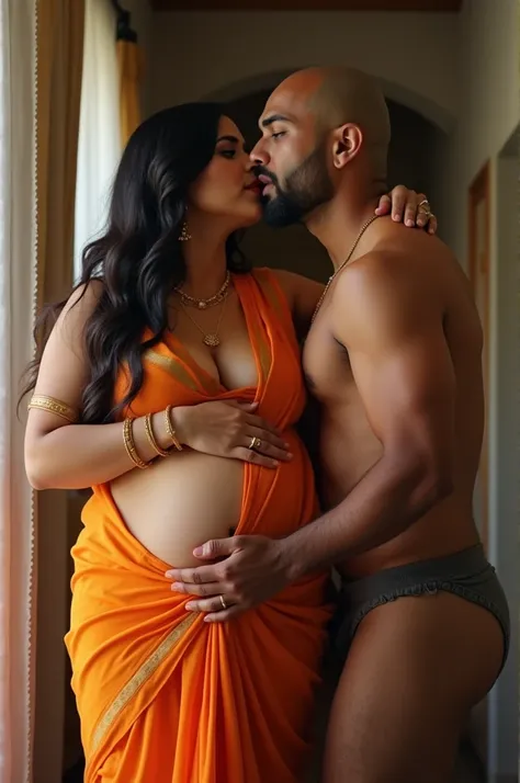 Make indian  pregnent lady with big boobs  , big ass wearing hot orange saree  doing sex with muslim male infront of her husbad  