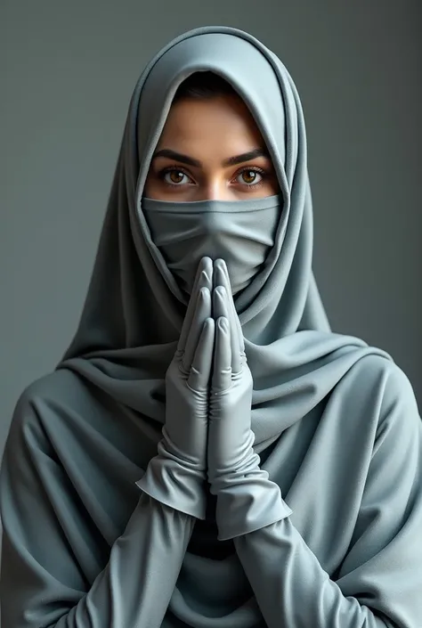 Portrait of a indian muslim woman wearing a grey niqab and gloves, standing streight, looking at camera, photorealism:1.2, high detail, high resolution, 4K, UHD