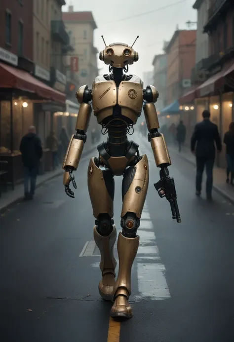 they are two robots walking down the street with guns, detailed cinematic photography, steampunk digital art, bigstudiovfx, stil...