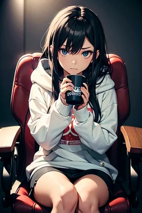 woman sitting in a gaming chair、2、black hair、long hair、scornful expression、（sit with your feet on a chair）、holding the mug with ...