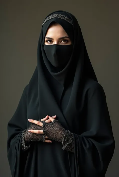 Portrait of an arabic muslim woman wearing a niqab and long gloves, standing streight, touching her chest, looking at camera, photorealism:1.2, high detail, high resolution, 4K, UHD