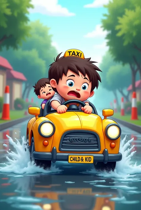 funny YouTube thumbnail for title slow and frustrated about wet road addressed by our project innovation , make it horizontal , make A frustrated kid driving a cute toy taxi car with another kid on flooded road with number plate CHILD & KID , make it carto...