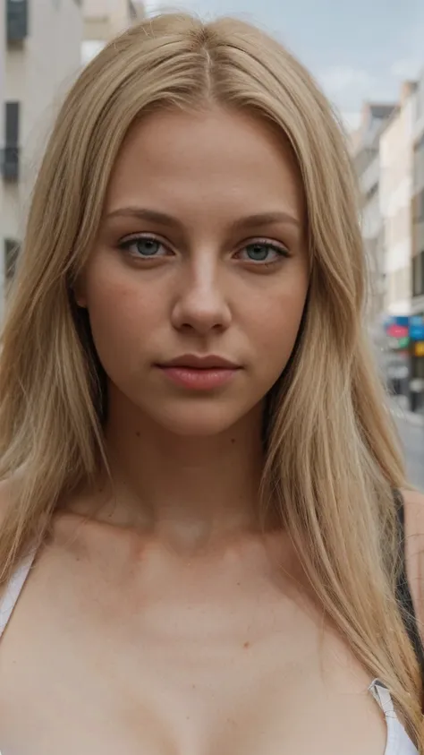 girl blondhair mid long in the street during the day, dilated pupils, uhd, retina, accurate, anatomically correct, textured skin...