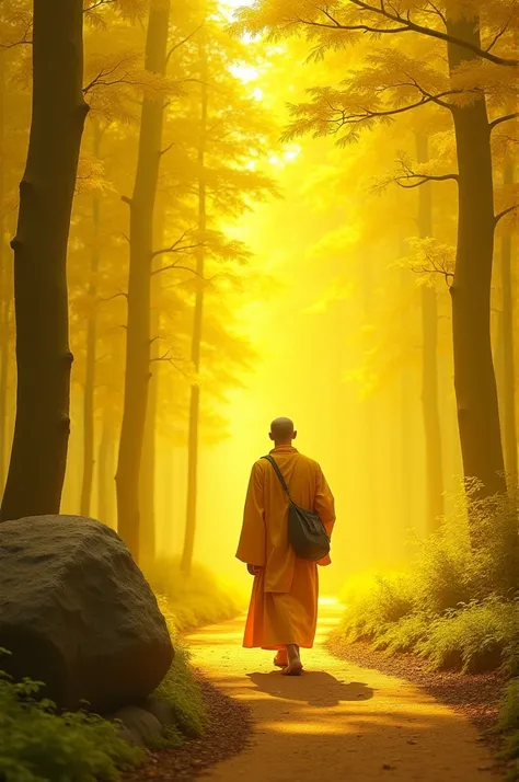 A yellow forest with an unpaved path, a monk walking on the path wearing yellow clothes and carrying a bag on his shoulder. A big stone is placed on the side of the path.