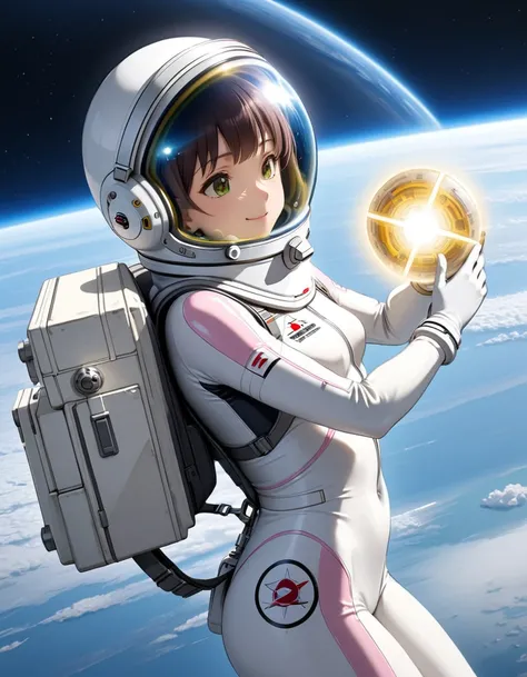 (Spacesuit:1.15), White Cargo Pants, Space Helmet , , Spacewalk, masterpiece, Highest quality, One person, One personで, short hair, , , , Bodysuits,Gloss,Backpack, baburuherumetto, short hair, (Spaceship:1.6), , smile,Covered navel, short hair, In other wo...