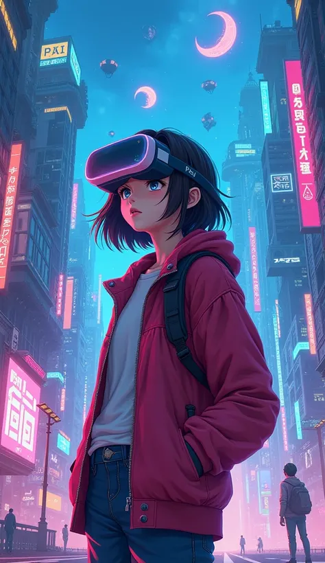 Teen girl wearing VR glasses in her bedroom, navigating a virtual cityscape filled with robots. Vibrant color anime style --ar 4:3 --niji 6