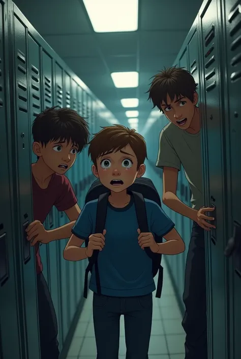 A highly realistic image inside a dimly lit school hallway. The same young boy from the first image, with short brown hair and wearing the same blue t-shirt and jeans, is now cornered against a row of lockers. Three older kids are surrounding him with aggr...