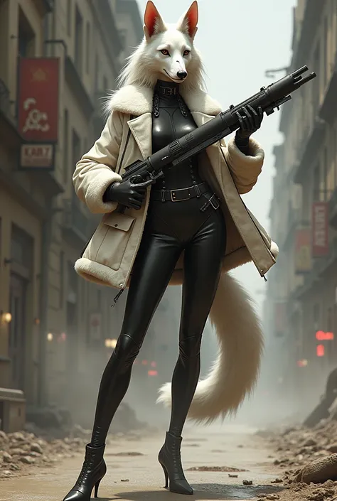 hideki kaneda, sturmovik (hideki kaneda), borzoi, canid, canine, canis, domestic dog, hunting dog, mammal, sighthound, anthro, black nose, breasts, brown eyes, clothed, clothing, female, fluffy, fluffy tail, footwear, fur, gloves, hair, handwear, high heel...