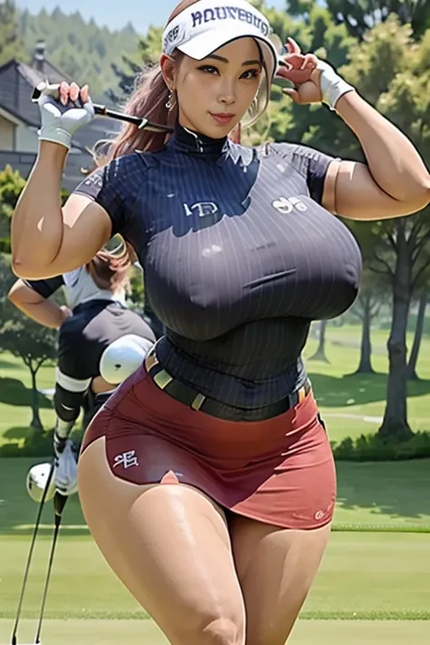 Very detailedな CG Unity 8k 壁紙, Highest quality, Very detailed, Tabletop, Realistic, Korean professional golfer、 Very detailedなMature Woman,Mature Woman,((Huge breasts))Big cleavage ,Big Ass,Big Ass,((Thick thighs)),Saggy breasts,Narrow waist,Wide Hips,(Bod...