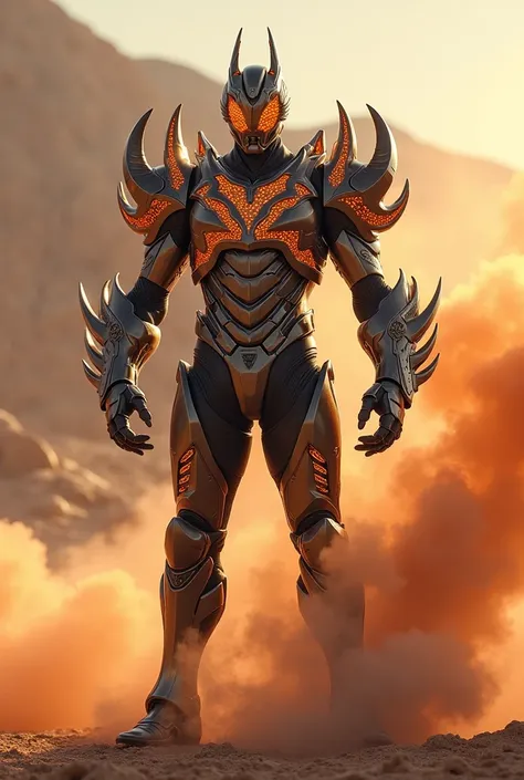 Create superhero with suit full body armour look alike kamen rider with scorpion element smoke effect background at desert lava effect on suit