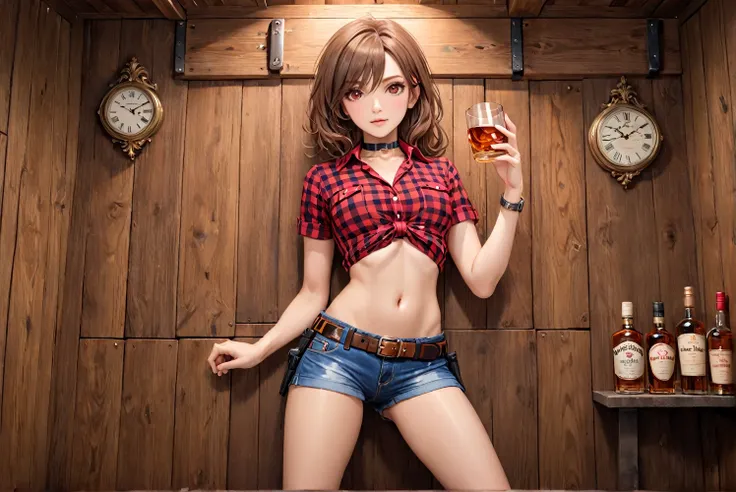 (((1 female:2.0))),(((NSFW:0.5))),(((Wearing denim hot pants:1.5))),(((Wear a red checked short-sleeved collared shirt:1.5))),(((Wear a gun belt with a holster:1.8))),((Put the watch on your wrist:1.5))),(((Exposed thin inner thighs))),(((Small breasts:1.5...