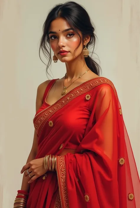 A 2 light brown indian girl, who is perfectly fit and wearing full red full saree
