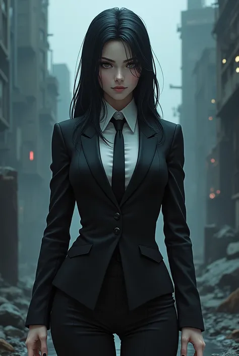 Helghan empire hetalia modeled after sonata Dusk female chaotic evil with black suit white shirt and black necktie