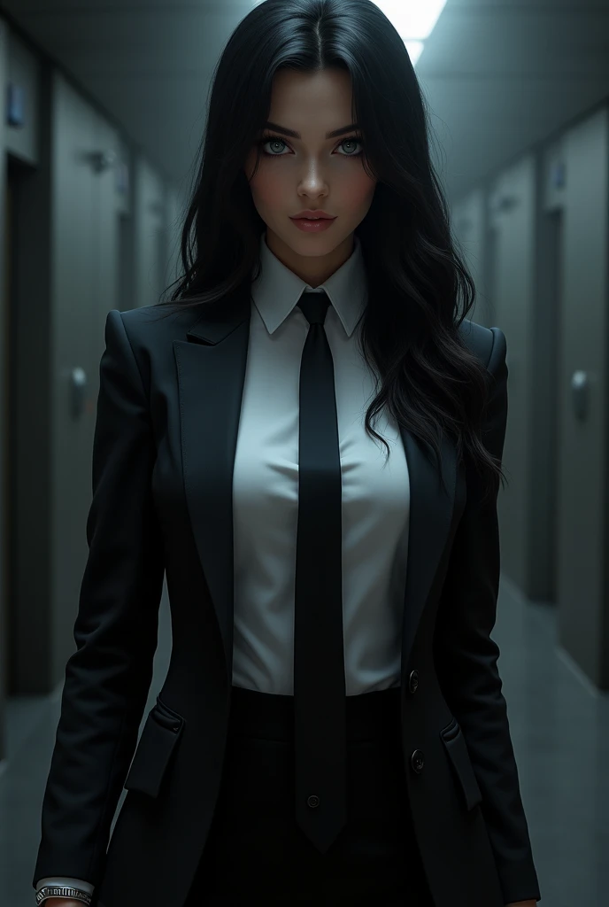 James bond female modeled after  sonata Dusk with black suit white shirt and black necktie black hair color with Grey blue eyes chaotic neutral