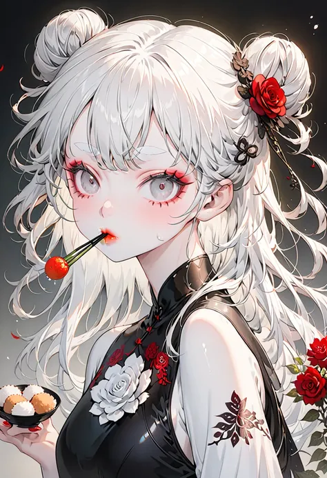 (highest quality,very detailed,high resolution:1.2),thin and albino，very white hair,gray bangs，twin bun hairstyle, she is wearin...