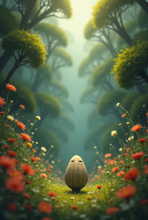  a sad and SMALL seed surrounded with big flowers and BIG plants and BIG trees in a meadow.
