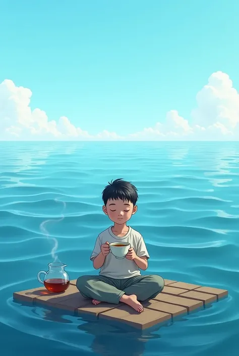 A boy having tea in the middle of the sea
