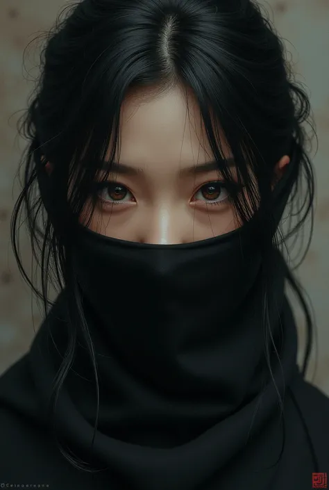 Asian girl with badas look. Her face is hidden by a black mask. Her eyes is pretty like a korean eyes