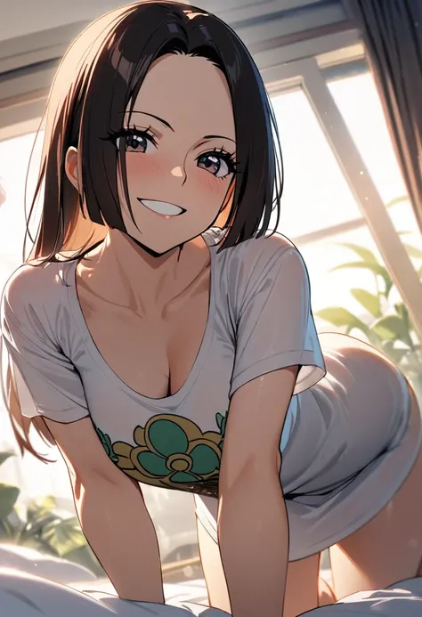 1girl, Boa Hancock(one piece),one piece,naked t-shirt,white big shirt,scooped neck t-shirt,downblouse:1.4,all fours on the bed,lovely smile,Morning sun shines in,masterpiece, best quality, absurdres,pov,angle from eelow
