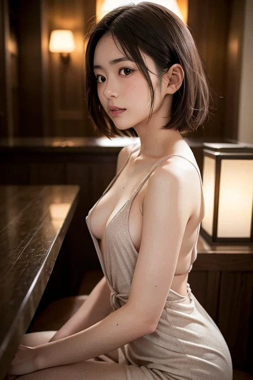 ((extreme close up)), side view, watching camera, A sophisticated bar setting exudes an atmospheric glow, featuring stylish dim lighting and a cozy ambiance. In sharp focus,  a thin Japanese actress in her 20s, with tied medium, loosely curled brown hair, ...