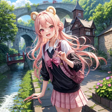 Pink Blonde、Red eyes、Wavy Hair、Hair tied up、Two cute、Checked mini skirt、black t-shirts、cardigan、Knee-high socks、bear ears baseball cap、Teeth are visible、Monster Castle、Tilting face、crossing the bridge、hazakura、windmill、grass、Stones are growing out of the g...