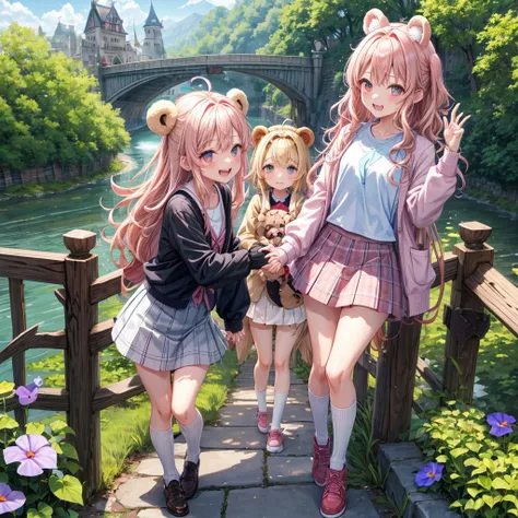 Pink Blonde、Red eyes、Wavy Hair、Hair tied up、Two cute、Checked mini skirt、black t-shirts、cardigan、Knee-high socks、bear ears baseball cap、Teeth are visible、Monster Castle、Tilting face、crossing the bridge、hazakura、windmill、grass、Stones are growing out of the g...