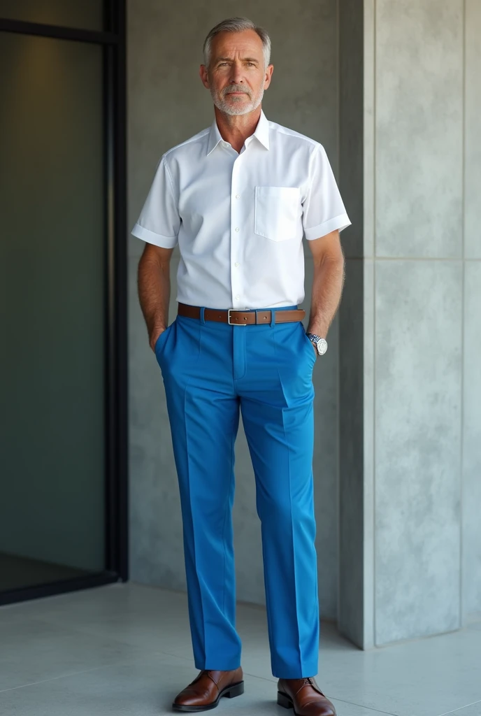 Semi-formal executive men&#39;s uniform with a white Columbia-style shirt with short sleeves and high-waisted cyan blue pants