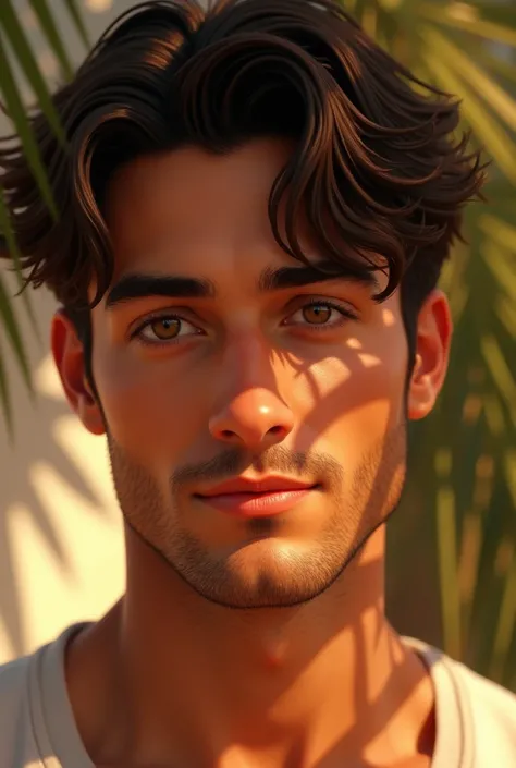 Sun-kissed, brown skin, black hair, warm brown eyes male
