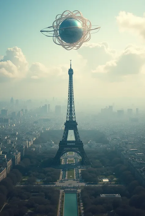 Paris seen from above with the Eiffel Tower clouds and an atom just above