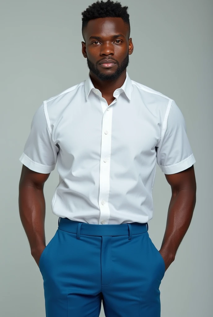 Semi-formal men&#39;s uniform with a white Columbia-style short-sleeved shirt and high-waisted cyan blue pants 
