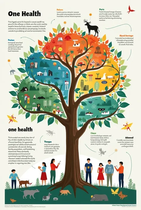 A poster about one health, with comprehensive information. All words be in American English. 