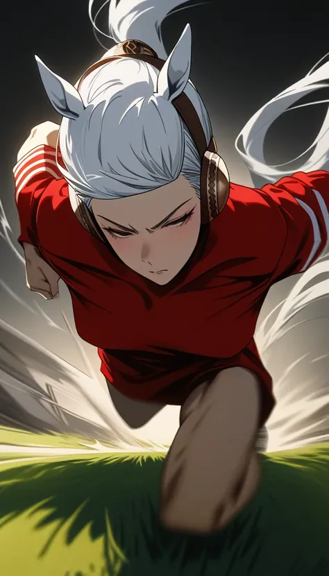 masterpiece,Highest quality,high resolution,gold_ship_umamusume,White Hair,Red clothes,Run in a forward-leaning position,Running on the lawn,Wear the Wind,Dark Days,White horse ears on his head