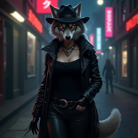 Anthropomorphic,furry wolf, female,mafia boss, seductive, menacing,black sweater,black leather pants, pendant,black leather jacket,hat,heels, gloves,soft tail,grey fur,furry body,crimson eyes, cigarette,night city