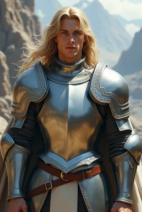 A strong young man in a silver plate armour with long blond hair using a sword 
