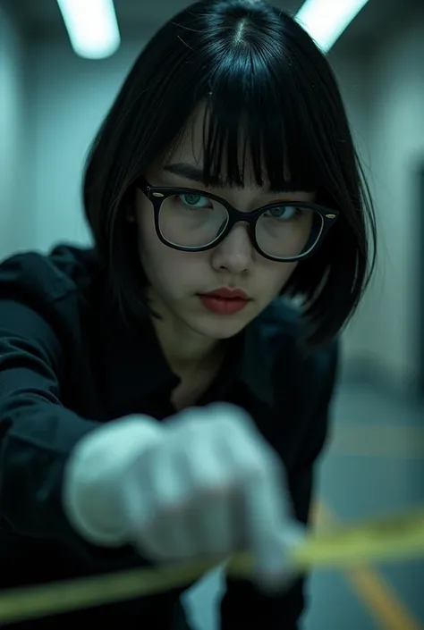 A European girl who works in the forensic science department, who examines a crime scene, this girl is wearing a black shirt with black rectangular glasses black bob haircut green eyes