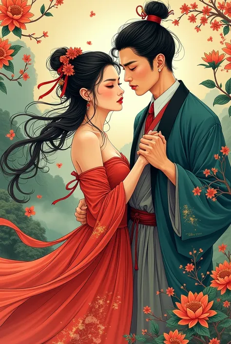 Chinese ink brushstrokes,Van Gogh&#39;s Swirl Brushstrokes,Dopamine bright,Pop Art Style,Ancient landscapes,With green,Fusion of poetry and painting,innovative art style,A sweet couple,Energetic and confident young Oriental women and men,Young woman elegan...