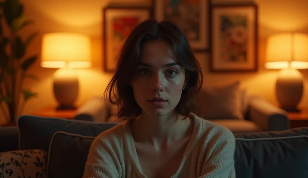 A highly realistic, high-contrast, 8K HD, detailed, hyper-detailed image of a single young woman sitting on a sofa in an American-style room, illuminated by warm, orange lighting. The room is cozy with modern furniture, and the atmosphere is relaxed as she...