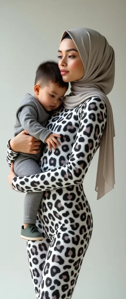 the beautiful,slender thin and prettiest Malaysian muslimah adult girl with beautiful cheeks wears white colour leopard print lycra turtleneck unitard catsuit covered with black seamless spots and always wear white leopard colour print lycra elastane stret...