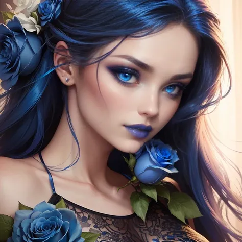 a woman with Blue Roses in her hair and a blue eye, stunning beauty, Blue Rose, stunning beauty, gorgeous attractive face, Rich blue color, Rich blue colors, blue lipstick, attractive and beautiful, magnificent and beautiful, stunning beautiful, attractive...