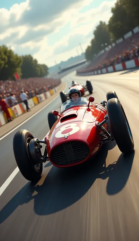 An image of the Alfa Romeo 158 in action on the track during the 1950 season, showcasing its classic design and racing environment.