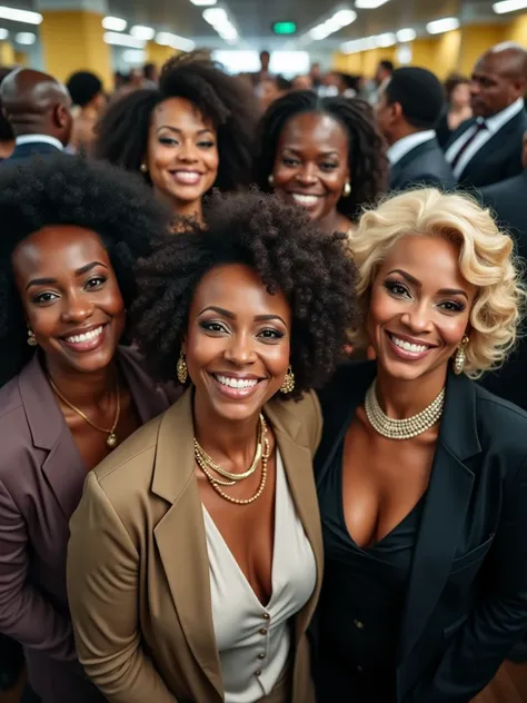 wide angle photo, group photo, 5 mature ladies close together, 50 yo, ebony, afro, blonde, happy faces, smiling, havey makeup, earings, necklace, jewelery, crowded office, morning, working place, crowd of mature people, formal suits, unbottoned shirts, nip...