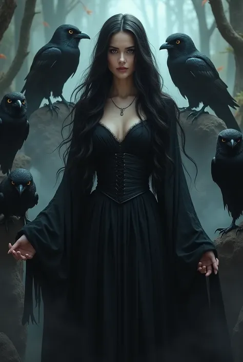 very beautiful woman, long black hair and dark eyes, wearing a long black dress,  The dress is medieval style, with long sleeves and a draped neckline,   clothing is fully enclosed, around her are 5 black crows and 5 moon owls, It is as if she rules over t...