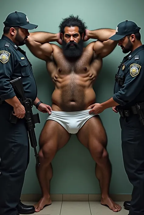 Young Puerto Rican man big extremely hairy, very hairy armpits, very hairy, strong and bearded muscleman, in white underwear, standing, with your legs wide apart from each other, with both hands behind his head, having his underwear searched by two armed p...