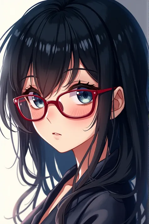 an anime girl, black hair, black eyes, with red glasses, 