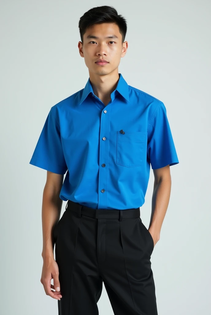 Semi-formal men&#39;s uniform with short-sleeved cyan blue shirt and youthful black high-waisted pants 
